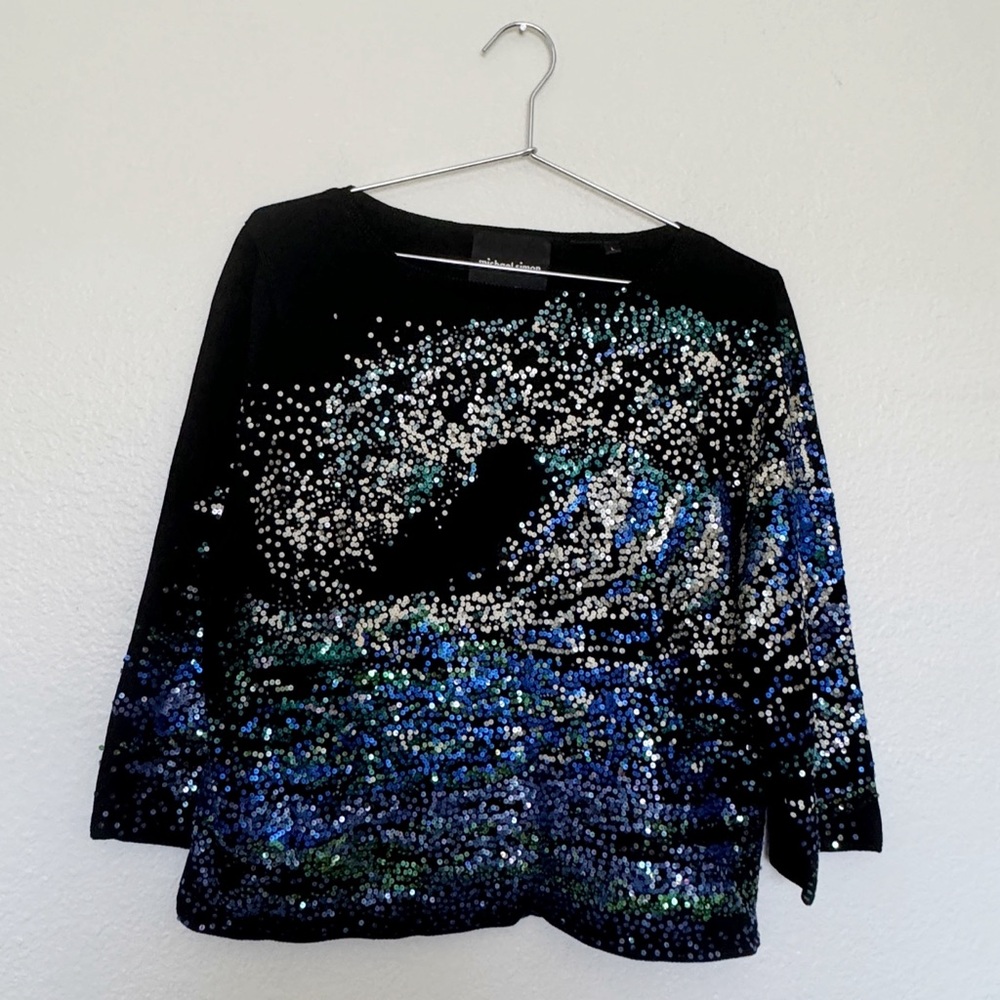 MICHAEL SIMON Hokusai Art-to-Wear Sequin 3/4 Black Lux Sweater SZ L